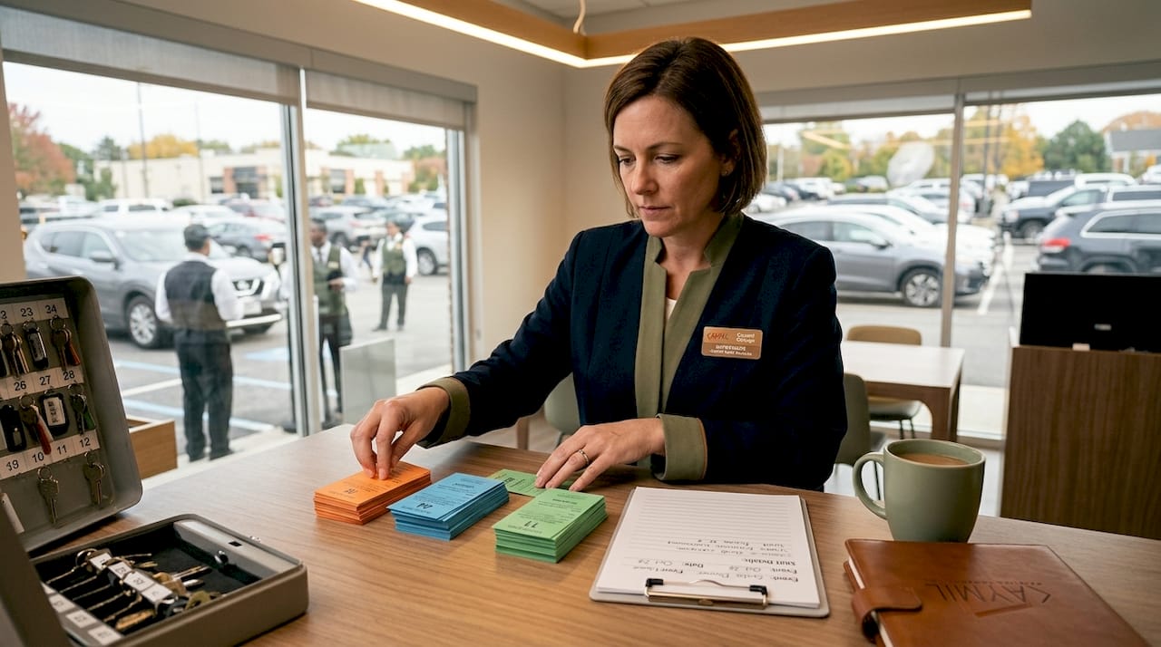 Valet supervisor organizing parking tickets at desk