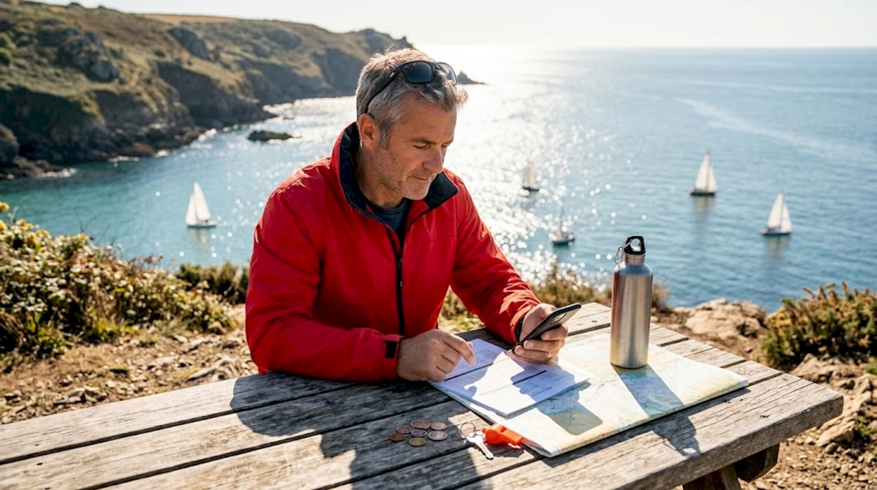 Boater checking float plan at marina table