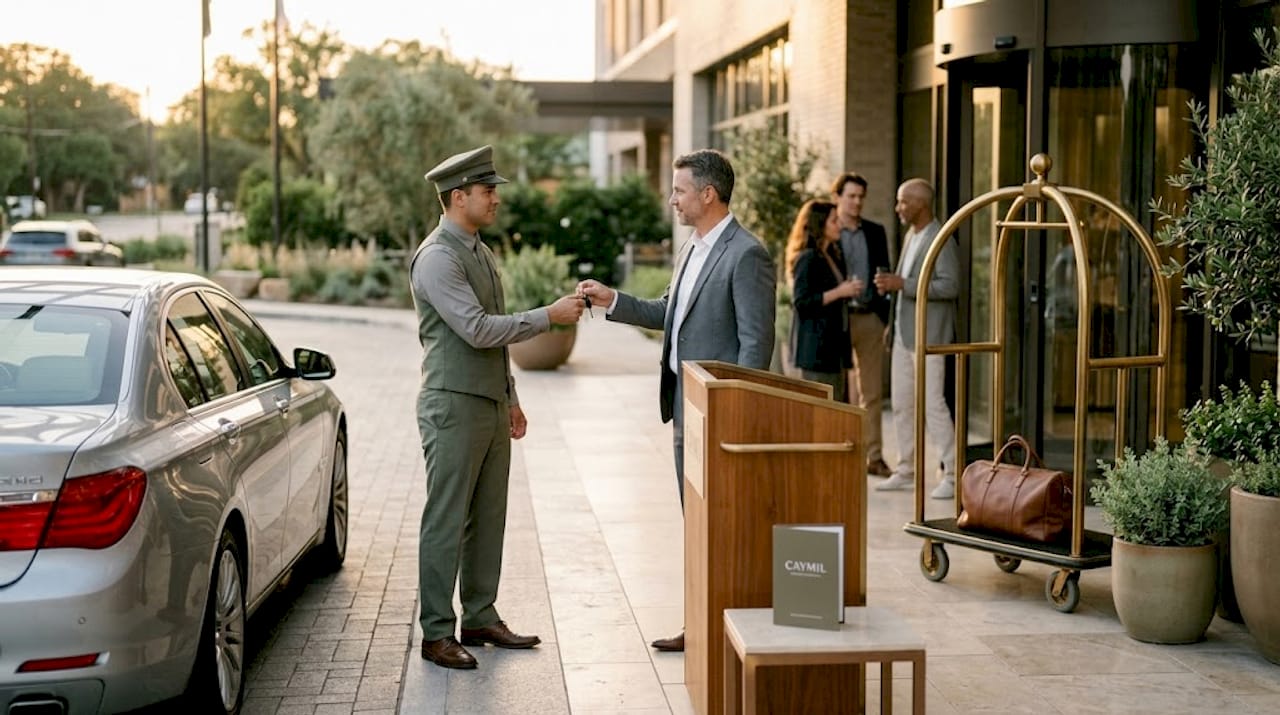 Valet attendant collecting keys at hotel curbside
