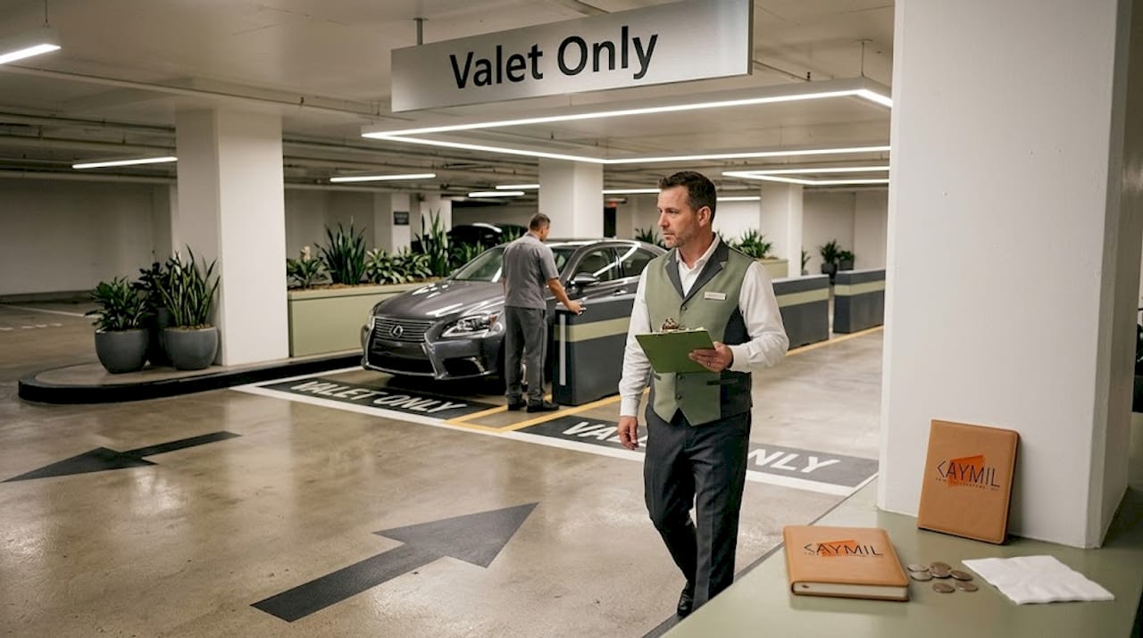 Parking manager overseeing valet lanes in garage