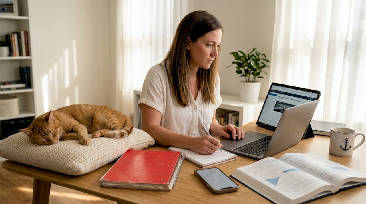 Woman taking boating course online at home desk