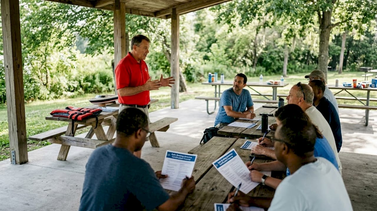 Boating instructor teaching adult class with whiteboard