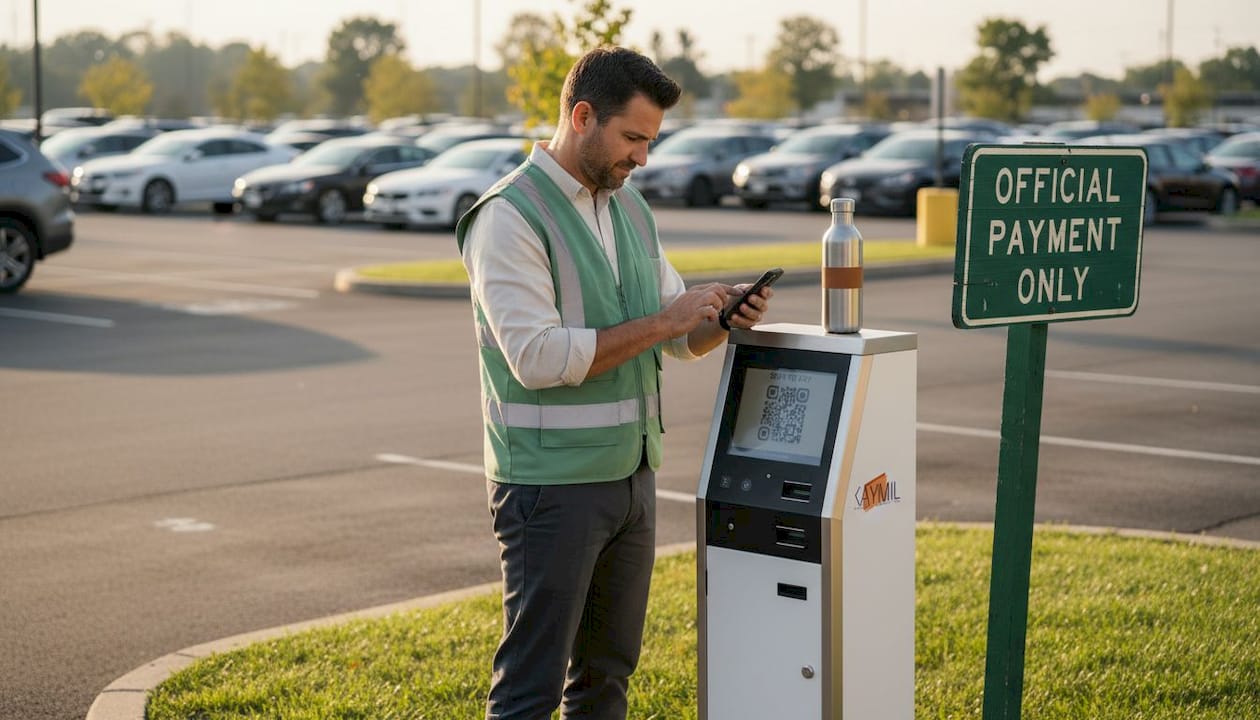 Manager scanning QR code at parking kiosk