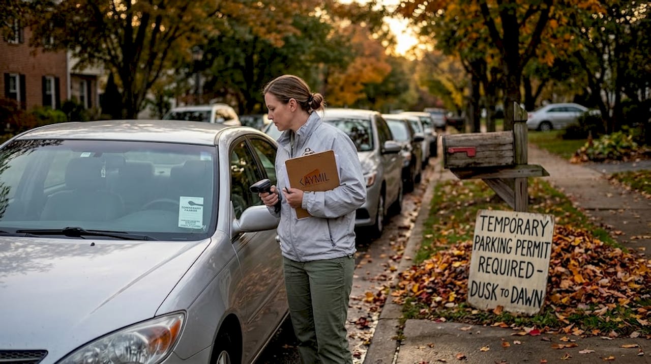 City worker checks temporary parking permit on street