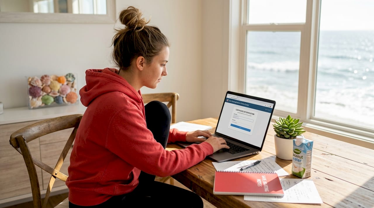 Woman completing boating course at kitchen island