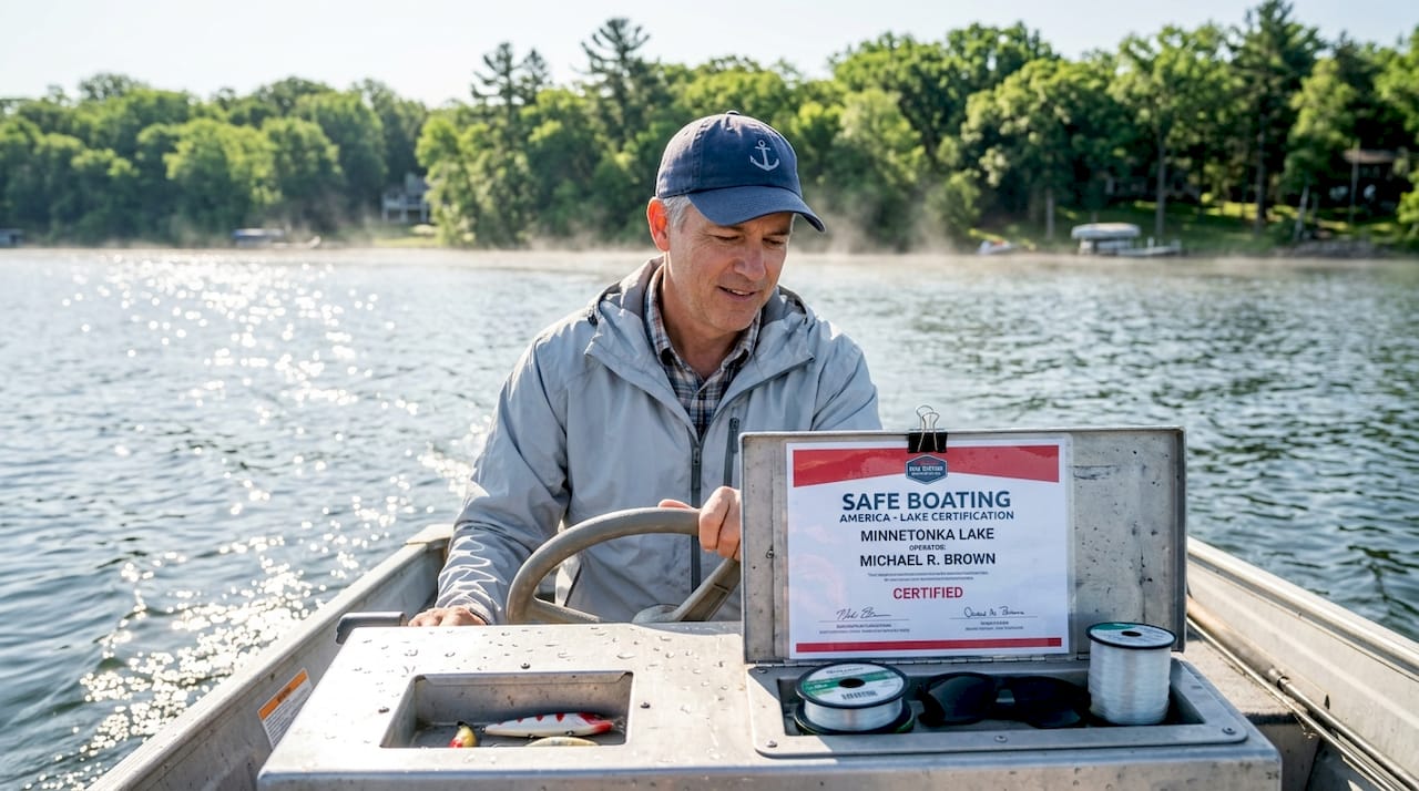 Boater steering fishing boat on Minnesota lake