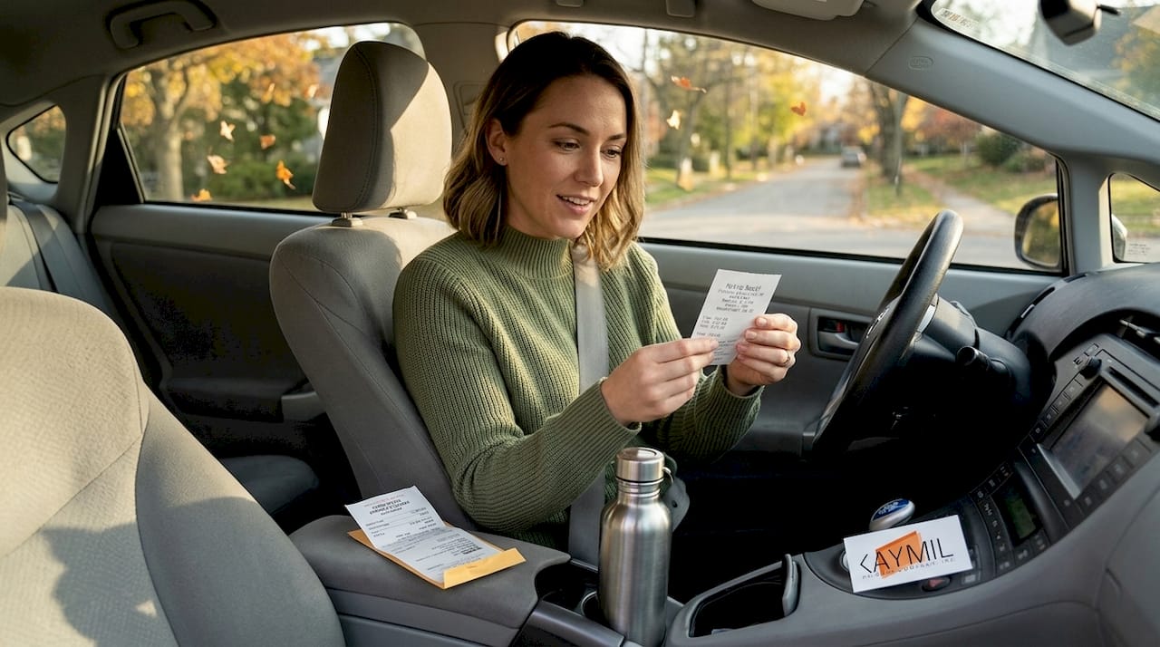 Driver examines parking receipt in car