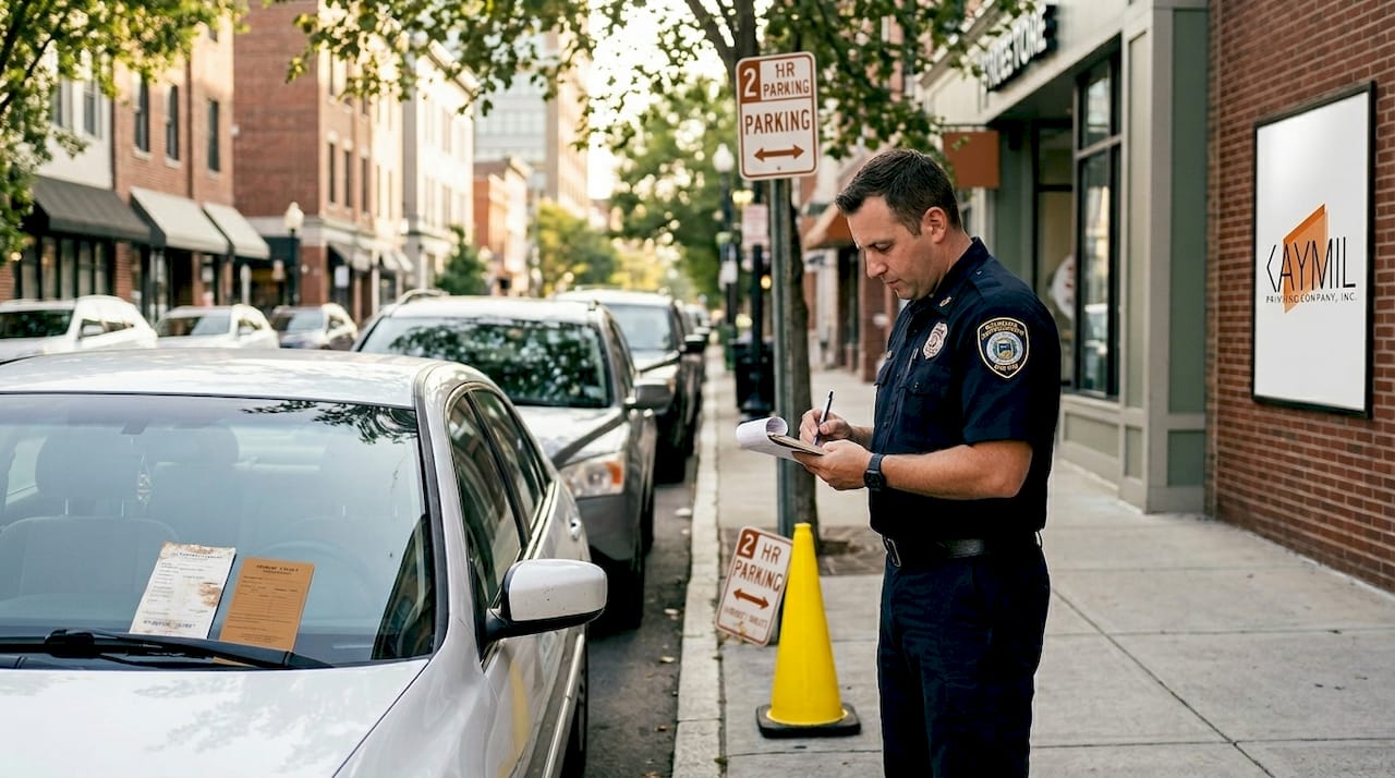 Parking officer issues ticket on busy city street