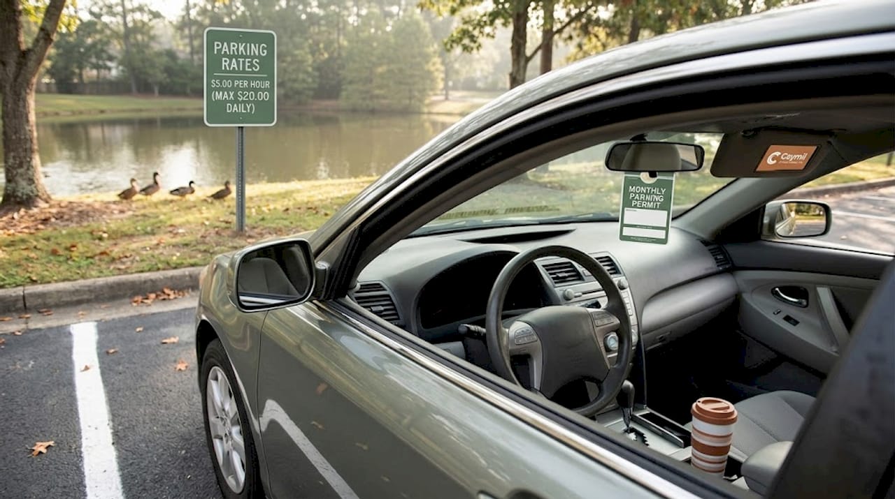 Permit hanging in car windshield in city lot