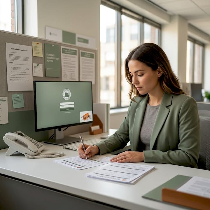 Woman applying for monthly parking permit at office desk