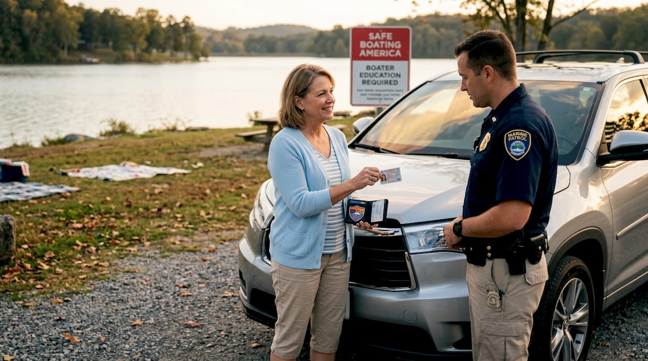 Woman presenting boating-endorsed license to officer