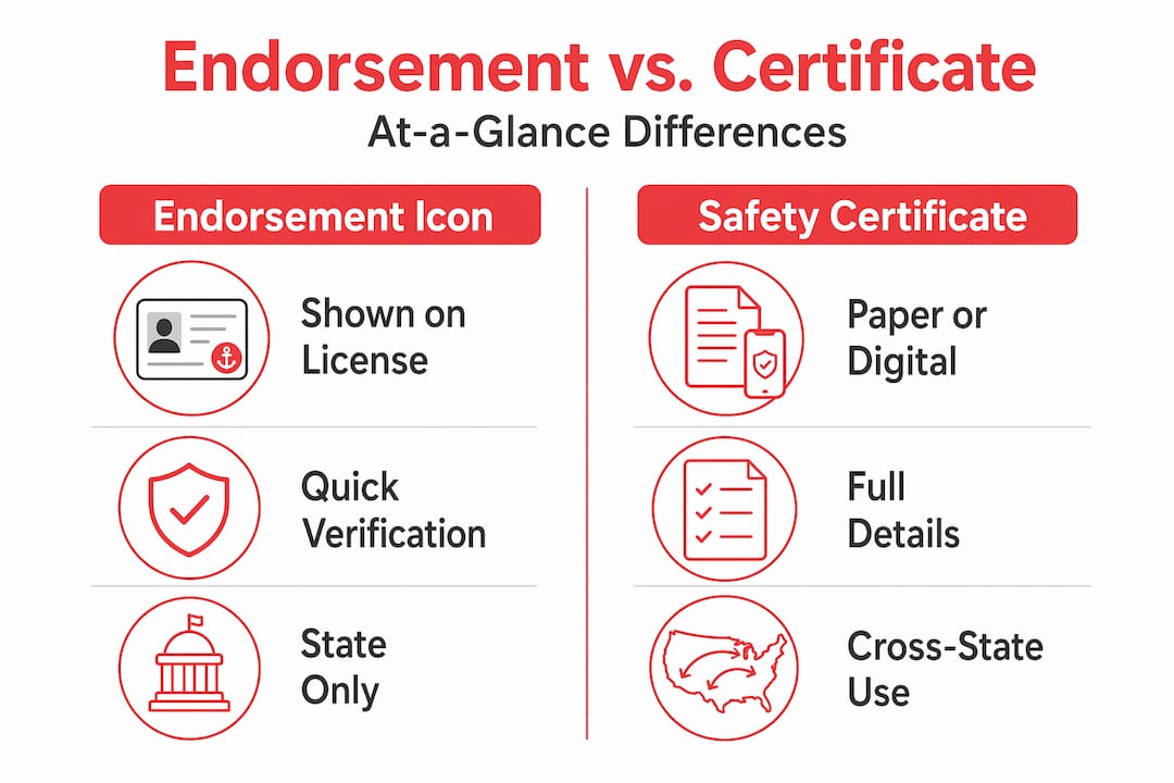 Infographic comparing endorsement icon and safety certificate features