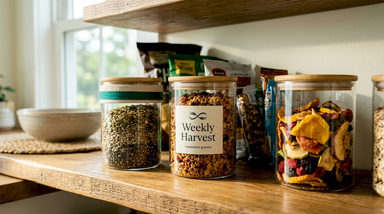 Pantry with whole-food snacks organized