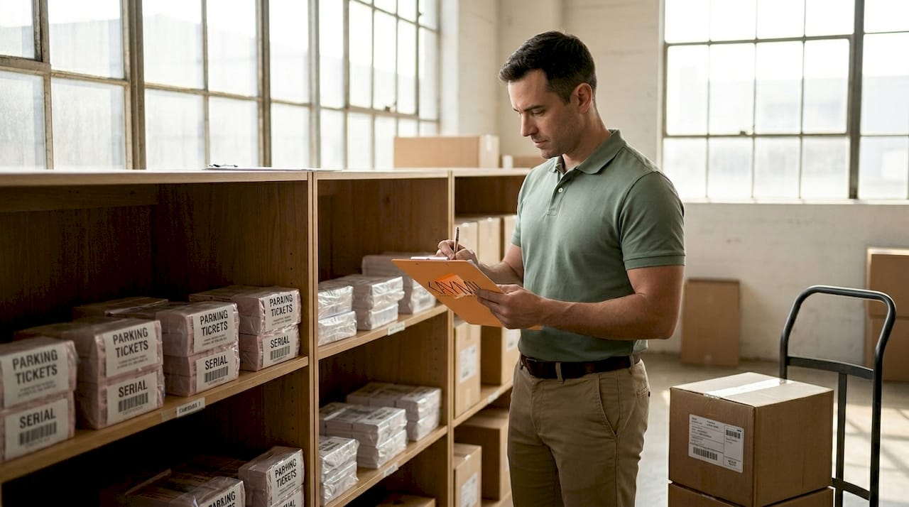 Supervisor logs numbered parking ticket bundles