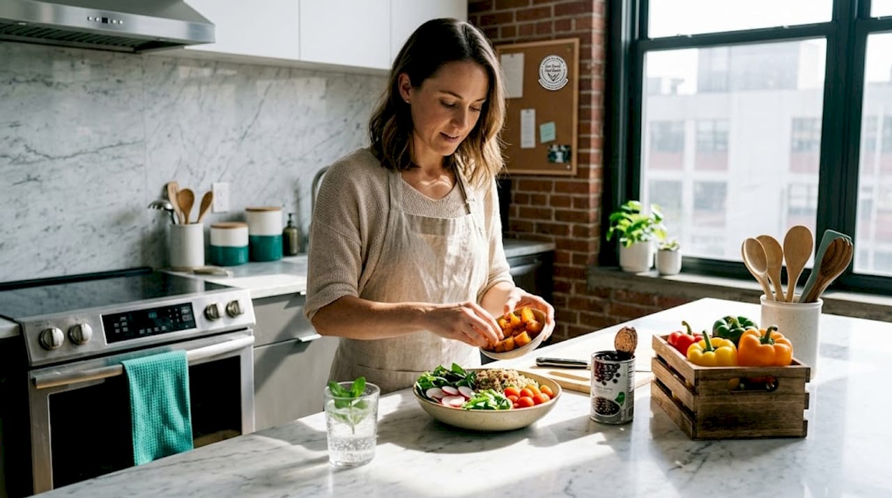 Preparing sustainable weight loss meal in small kitchen