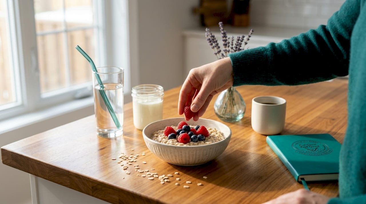 Berries added to oatmeal on breakfast table