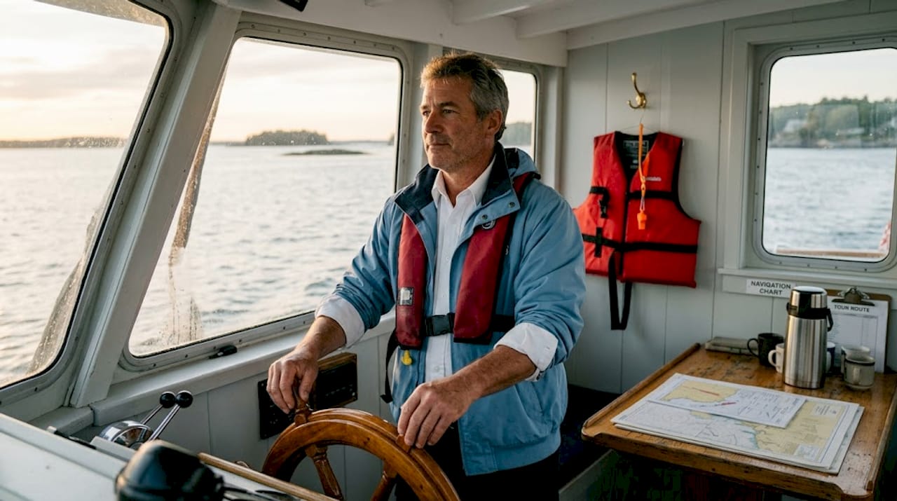 Boat captain at ferry wheelhouse helm