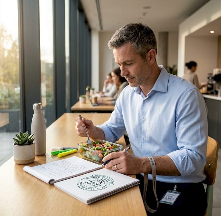 Man eating homemade salad at office desk
