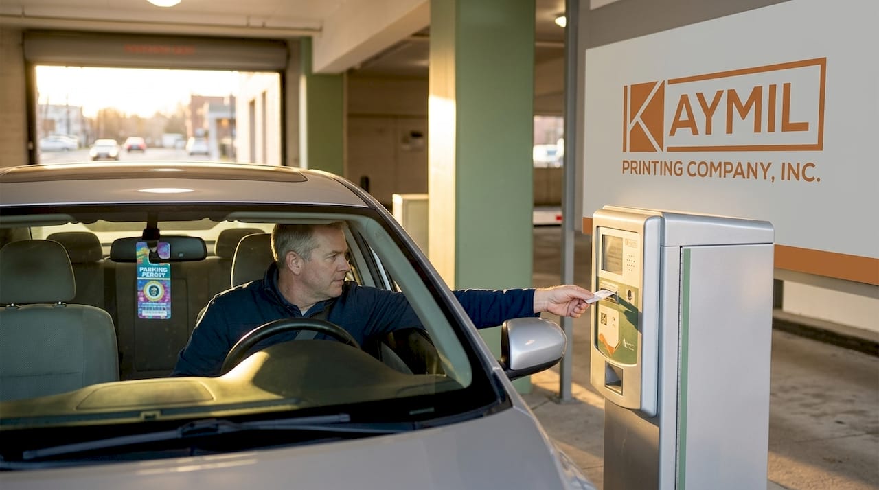 Driver taking ticket from parking garage machine