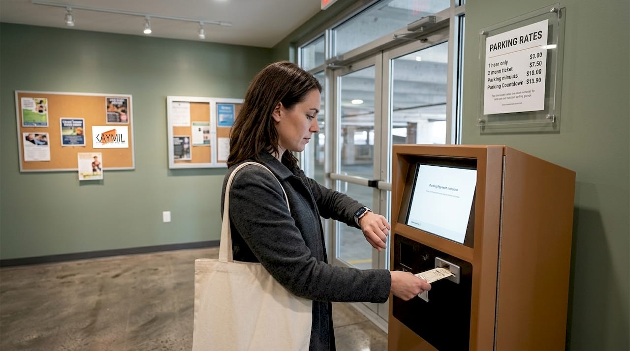 Woman paying at bright indoor parking kiosk