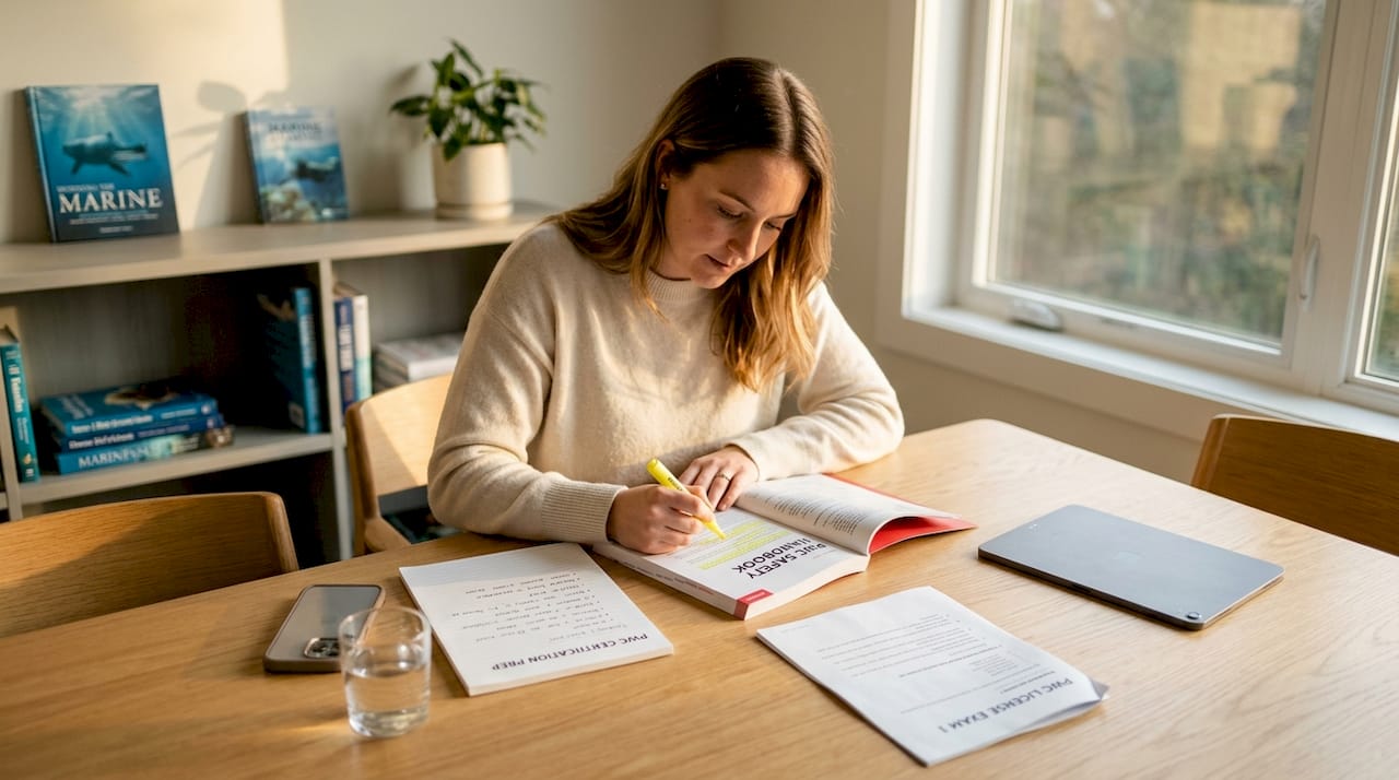 Woman studying PWC handbook at kitchen table