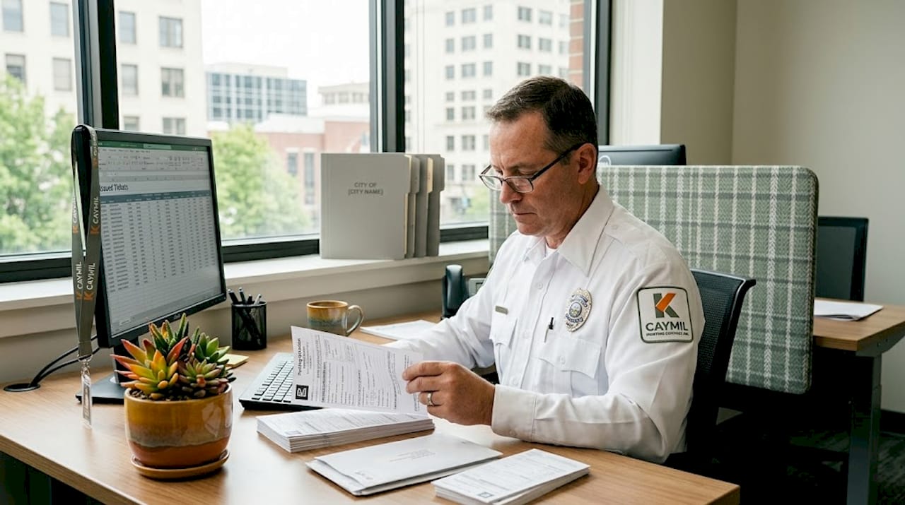 Officer reviewing parking citations at desk