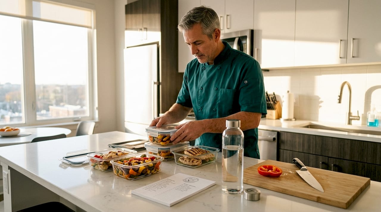 Man prepping repetitive healthy meals at table