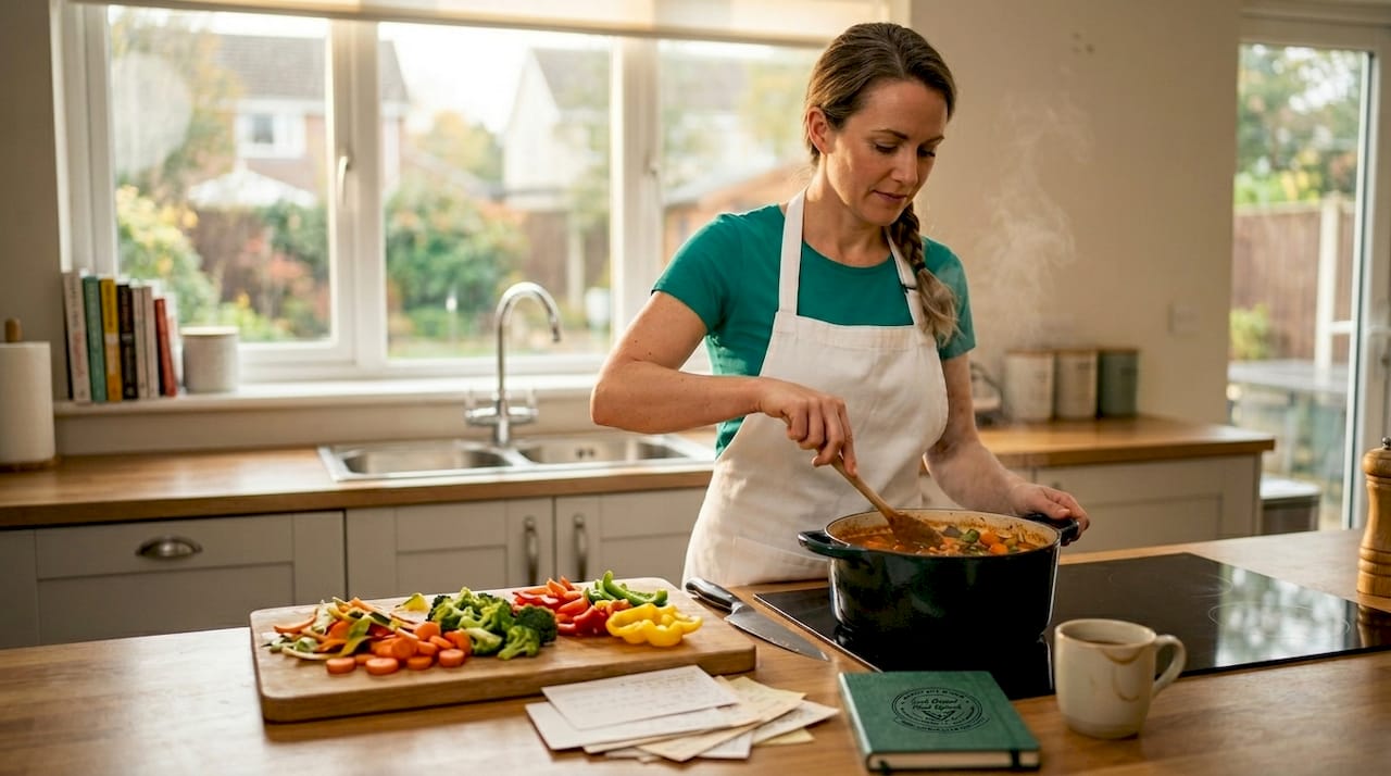 Woman cooking healthy meal in home kitchen