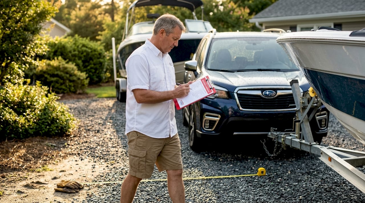 Man performing boat trailering safety check
