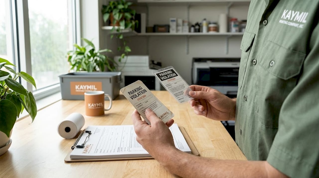 Hands comparing synthetic parking ticket stock