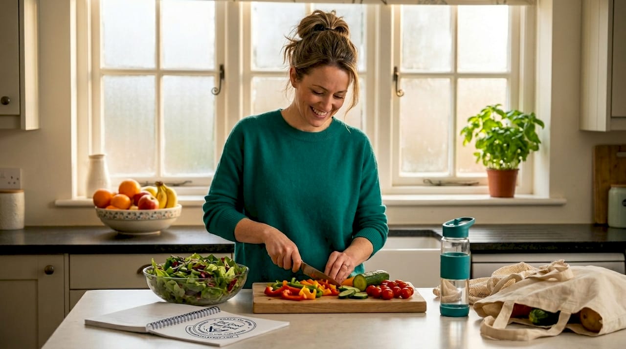 Woman prepping vegetables in city kitchen