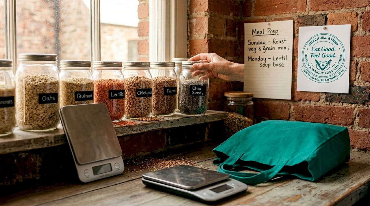 Jars of grains and legumes on kitchen shelf