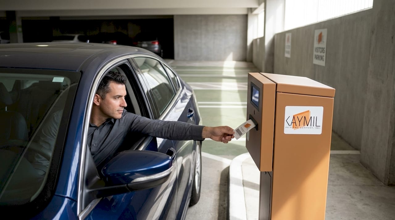 Ticket dispenser issuing branded barcode parking ticket