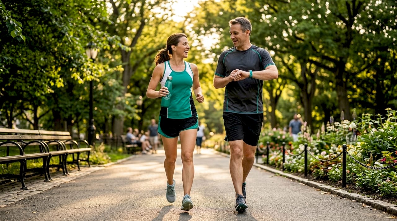 Couple walking for exercise in morning