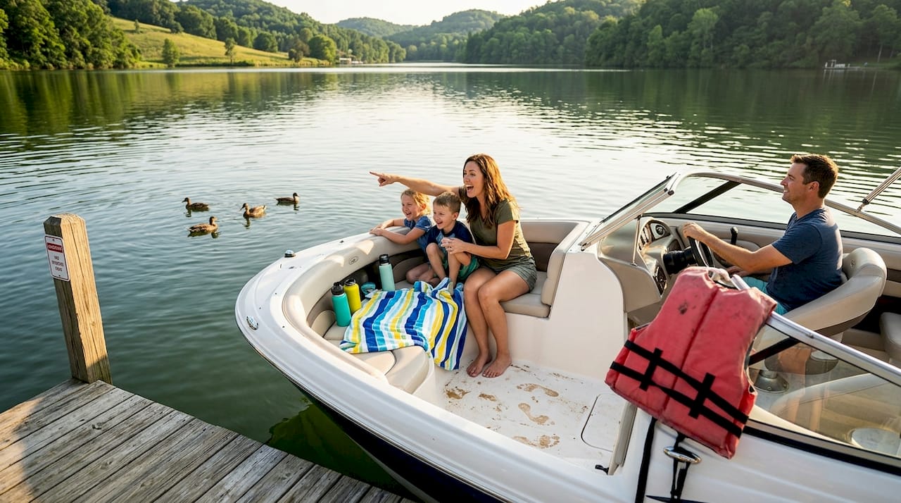 Family rides in bowrider on calm lake