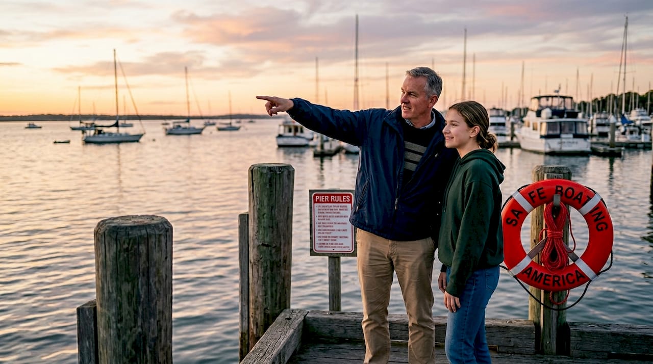 Father and daughter comparing boats at marina