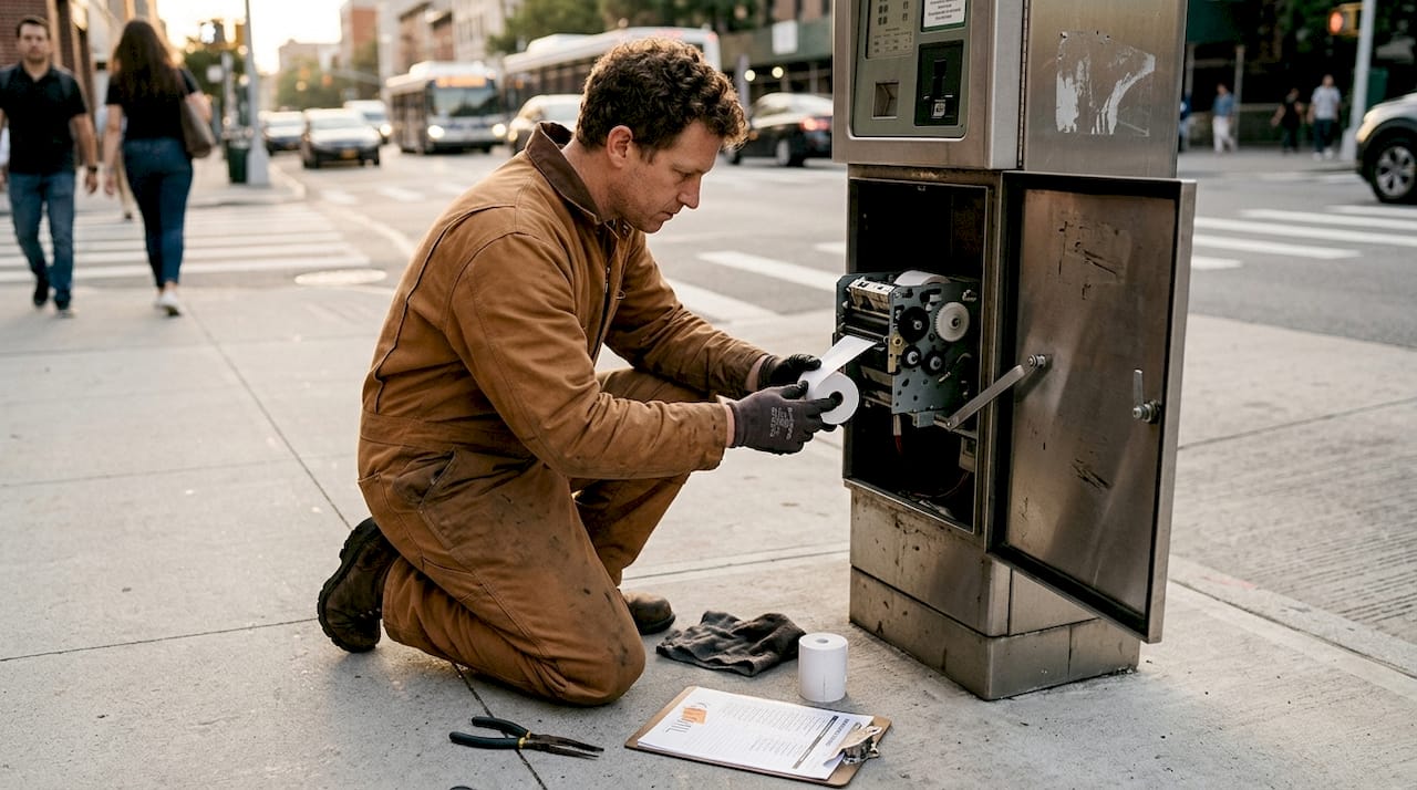 Technician loads thermal paper into parking kiosk