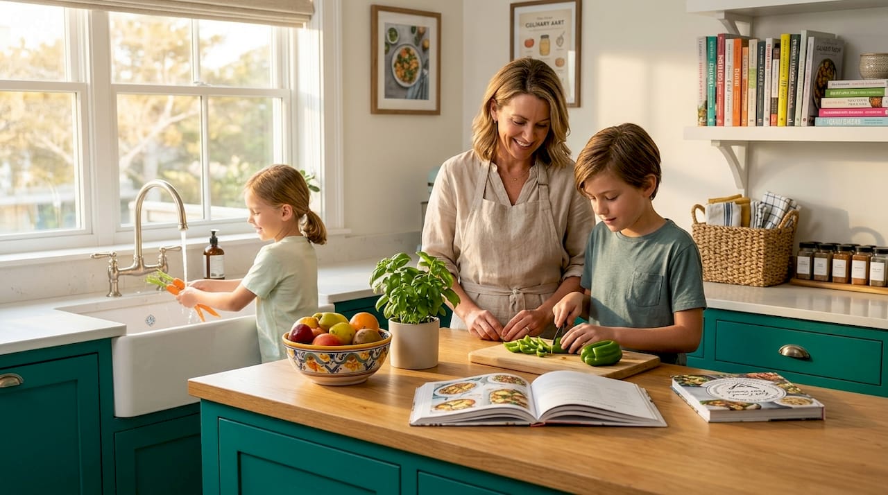 Family preparing meal in sunlit kitchen