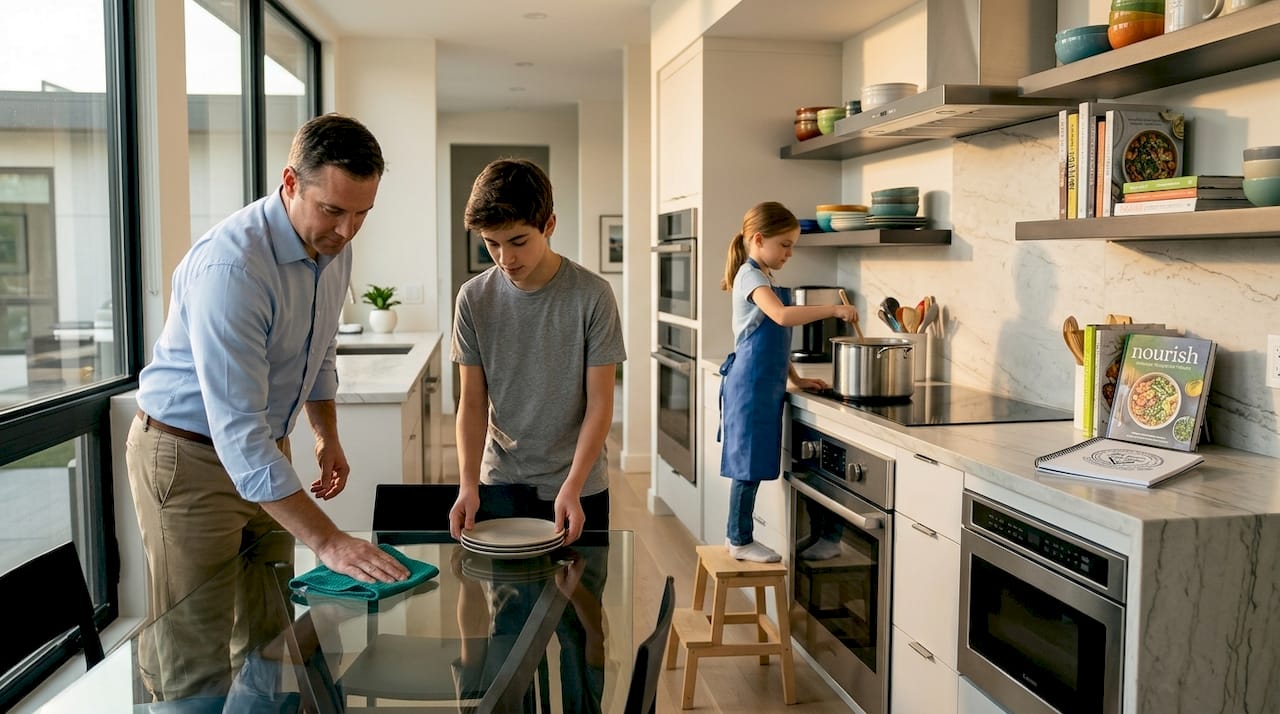 Family collaborating in kitchen preparing dinner