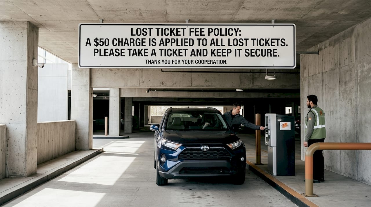 Lost ticket fee policy sign at parking garage entrance