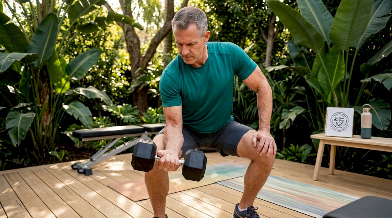 Man exercising with dumbbells in home gym
