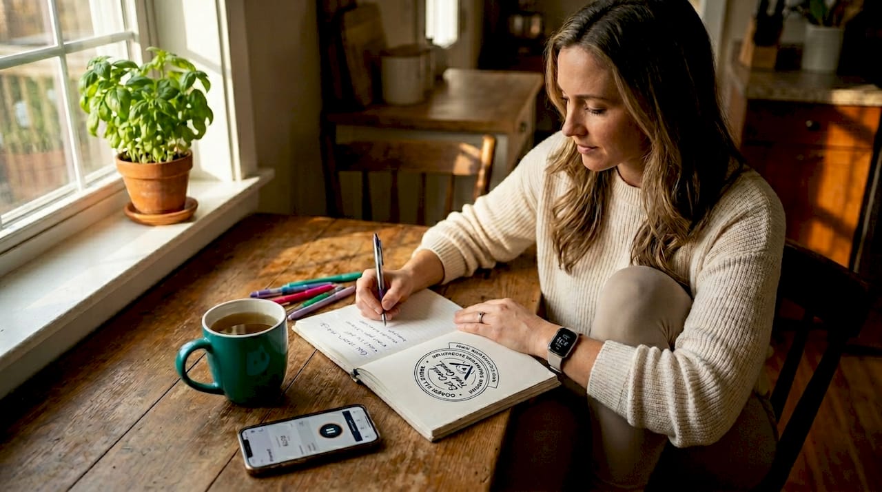 Woman journaling lifestyle habits by window