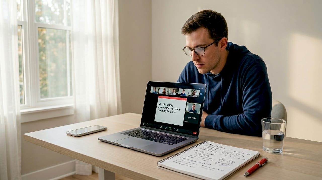 Learner engaged in online jet ski Zoom class at home