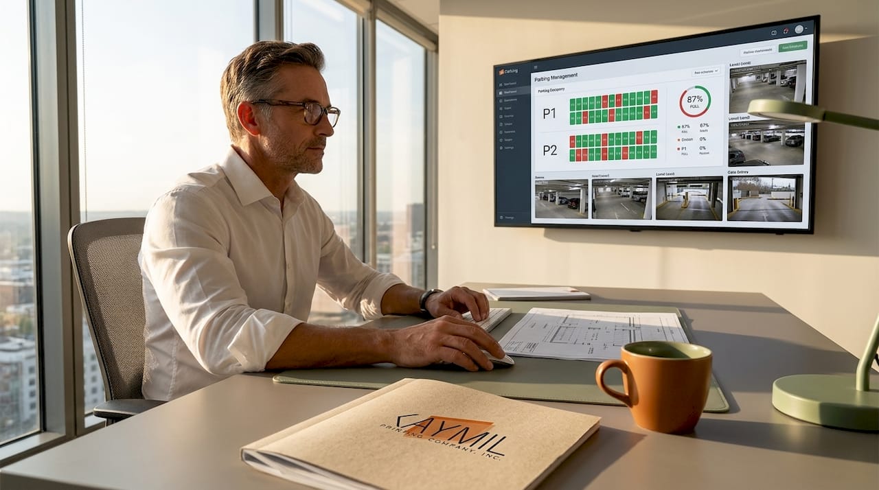 Parking manager reviewing dashboard in office