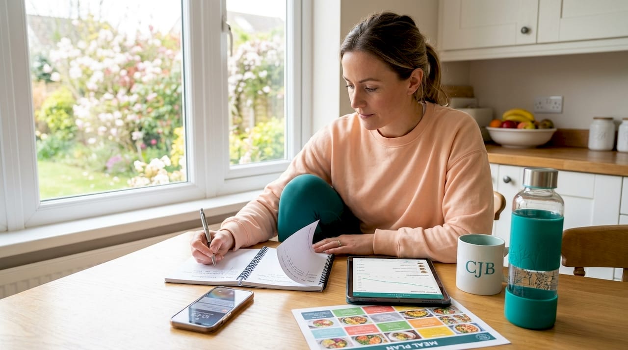 Woman planning weight loss goals at kitchen table