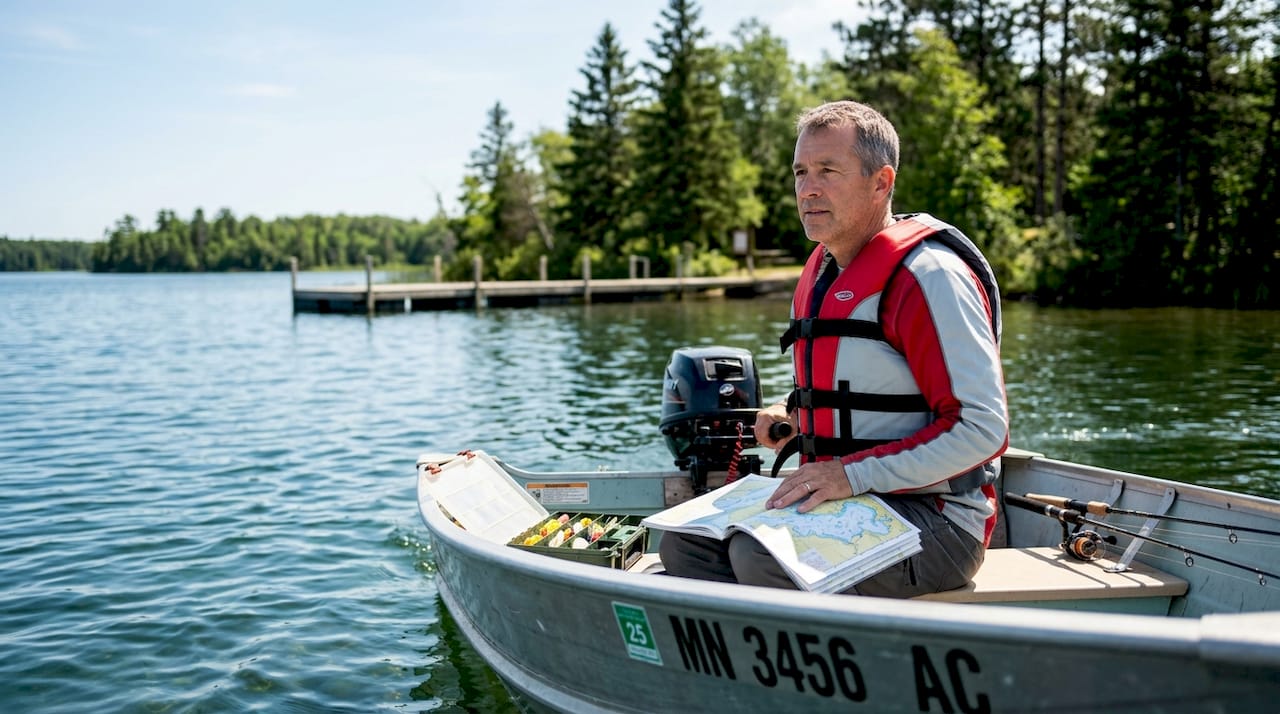 Man piloting motorboat on Minnesota lake