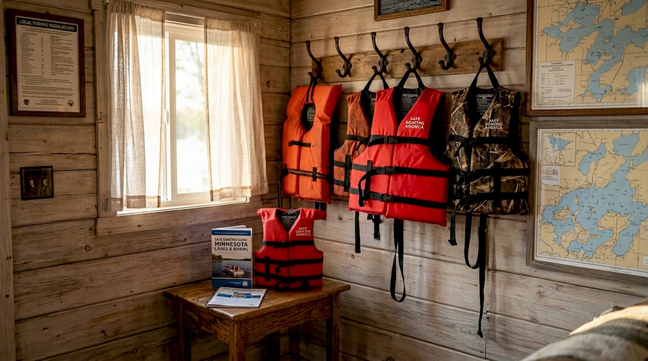 Collection of life jackets in lake cabin
