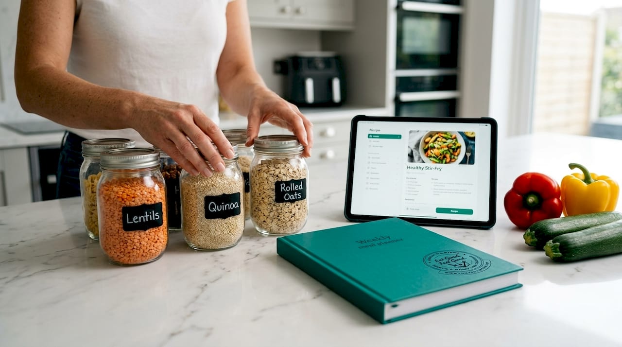 Hands arranging ingredients and meal plan