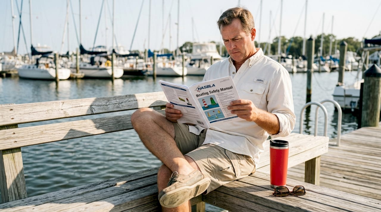 Boater reading boating safety manual at marina
