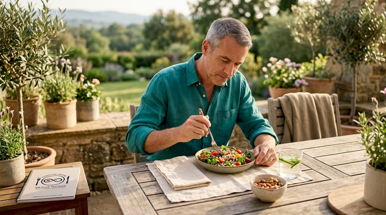 Man eating salad mindfully at home